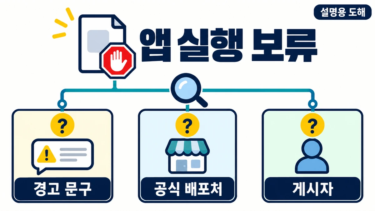 설명용 도해: 앱 실행을 보류한 채 경고 문구와 공식 배포처 게시자를 확인하는 세 항목 도해