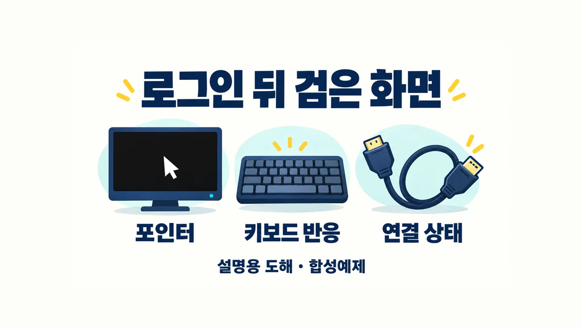 로그인 뒤 검은 화면에서 포인터와 키보드 반응 및 연결 상태를 살피는 설명용 그림