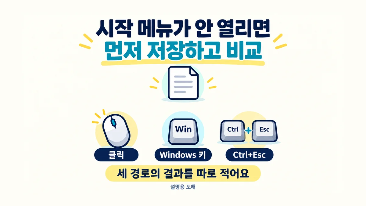시작 메뉴가 안 열리면 먼저 저장하고 클릭, Windows 키, Ctrl+Esc의 세 경로를 비교하라는 설명용 도해