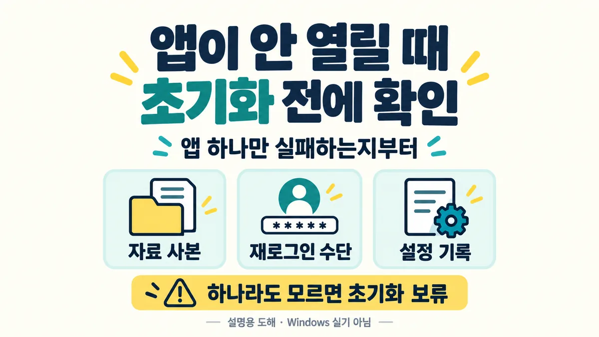 앱 하나만 실패하는지 확인하고 자료 사본, 재로그인 수단, 원래 설정 중 하나라도 모르면 초기화를 보류하는 설명용 도해