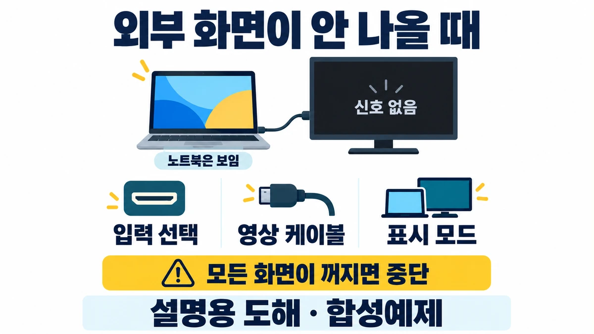 노트북 화면은 보이고 외부 모니터에는 신호 없음 문구를 예시로 표시하며 입력 선택, 영상 케이블, 표시 모드를 확인하도록 안내하는 설명용 도해