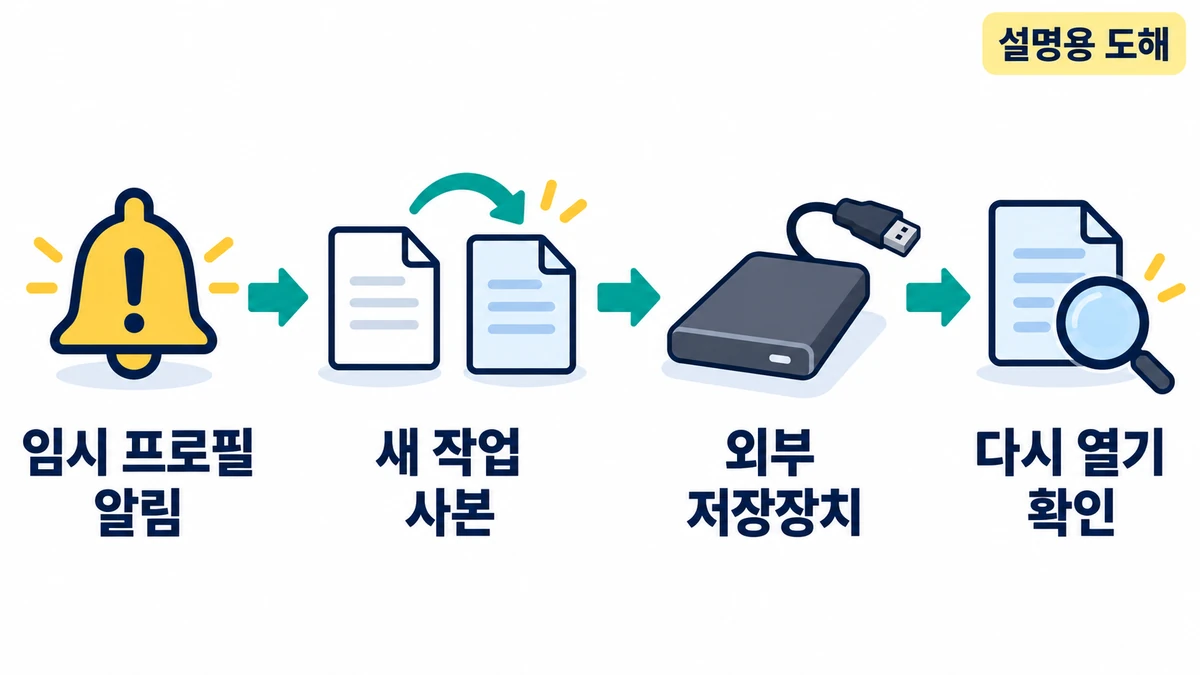 설명용 도해: 임시 프로필 알림 뒤 새 작업을 외부 저장장치 사본으로 보존하고 다시 열어 확인하는 순서