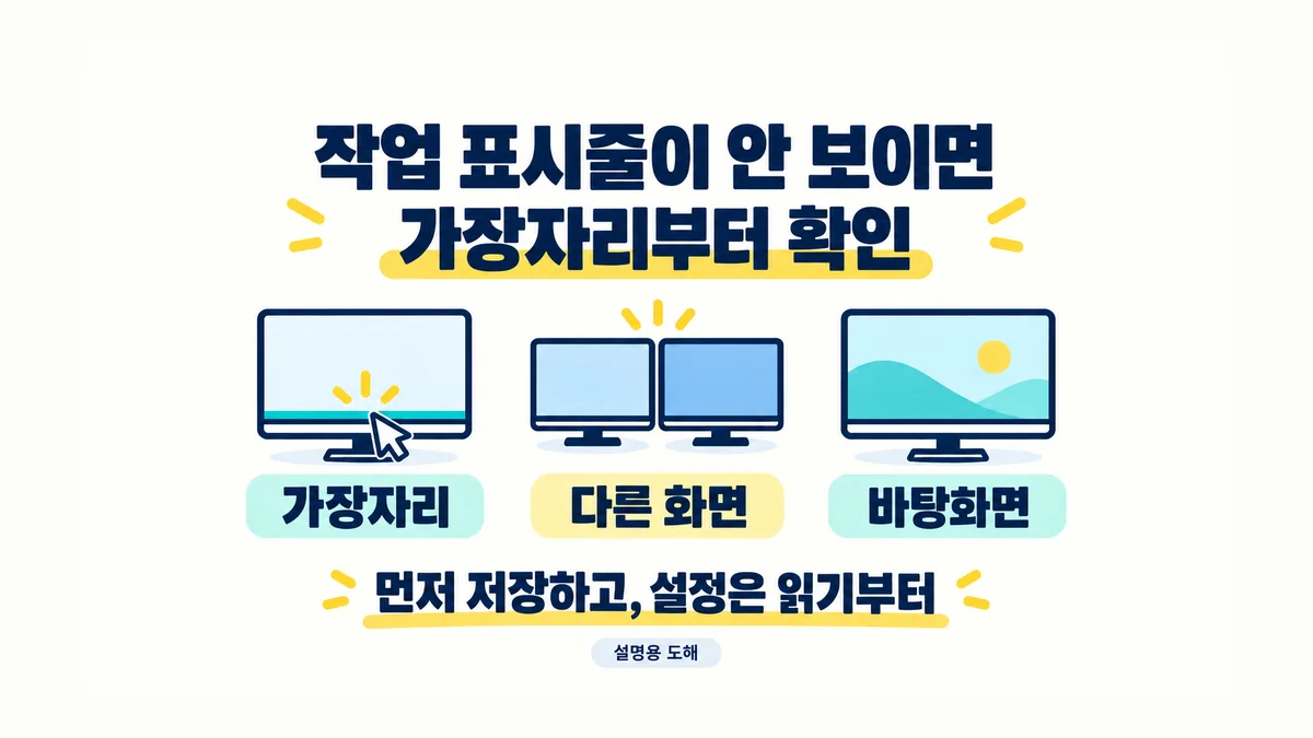 작업 표시줄이 안 보이면 먼저 저장하고 화면 아래 가장자리, 다른 화면, 바탕화면을 확인하라는 설명용 도해