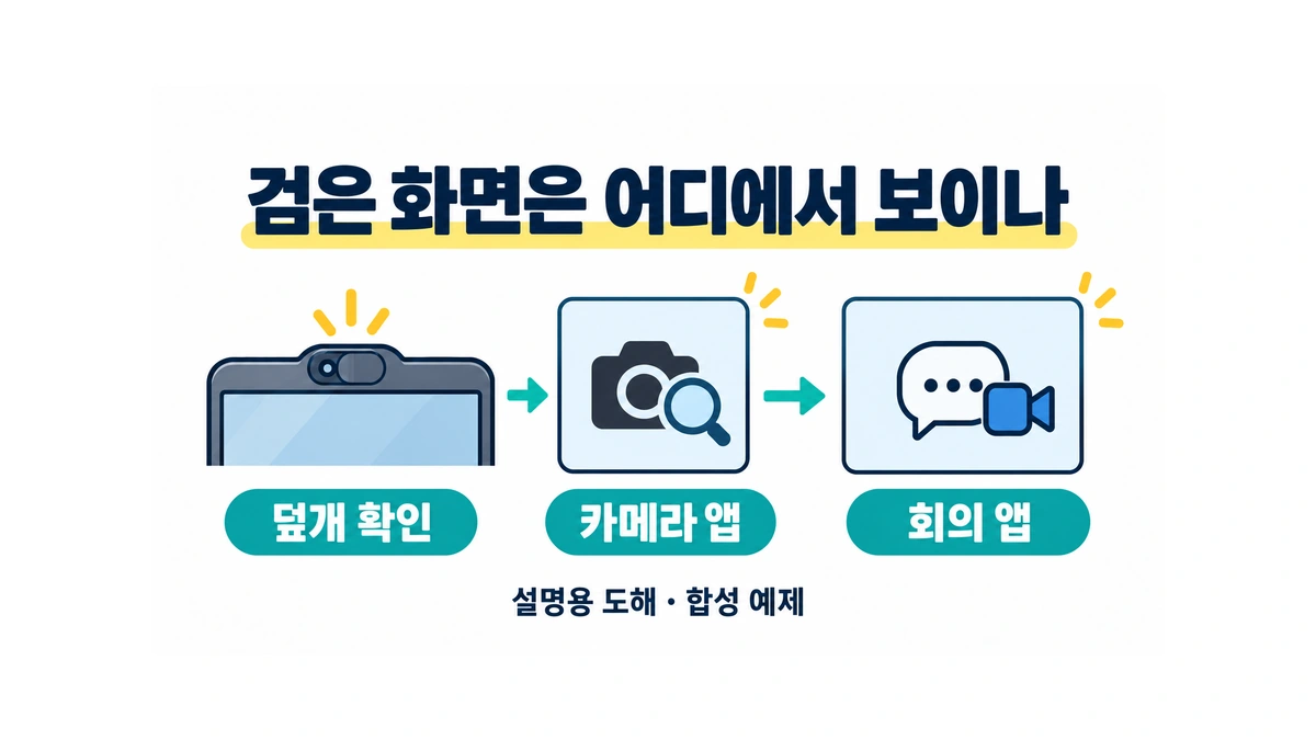 물리 카메라 덮개를 확인하고 카메라 앱과 회의 앱을 구분해 살피는 설명용 도해