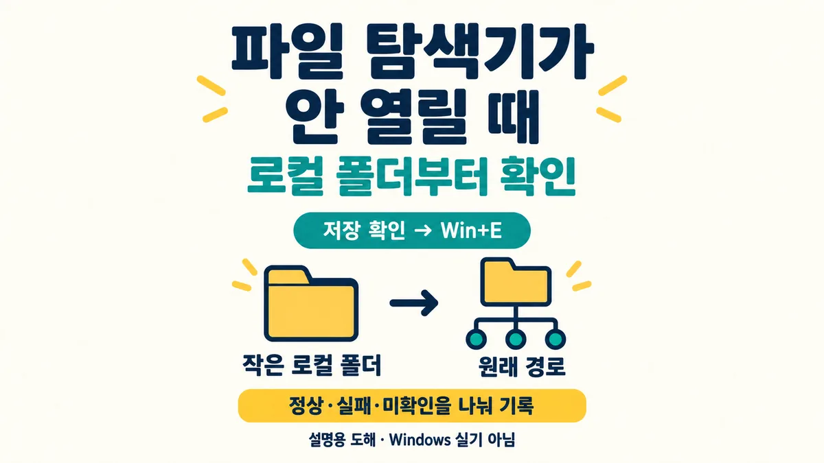 저장을 확인한 뒤 Win+E와 작은 로컬 폴더, 원래 경로의 관찰을 나누어 기록하는 설명용 도해