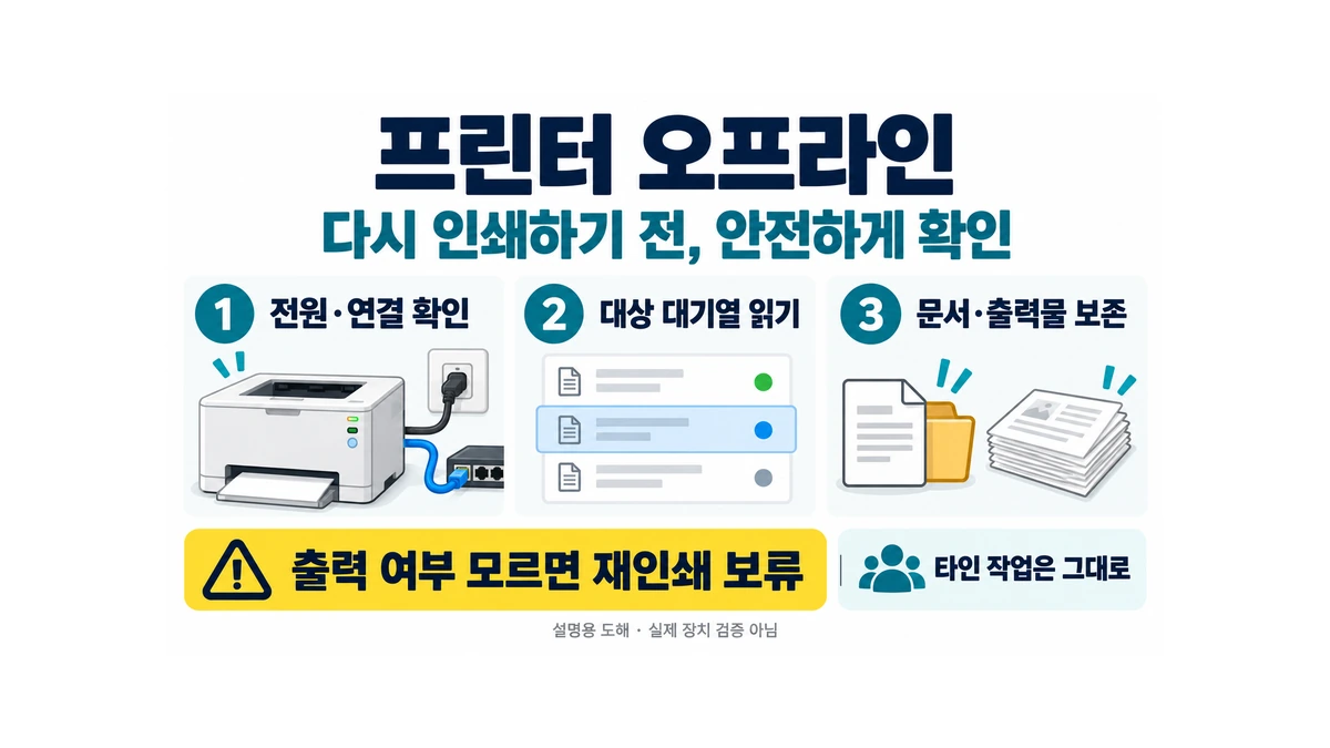 프린터 전원·연결 확인, 대상 대기열 읽기, 문서·출력물 보존 순서와 출력 여부가 모르면 재인쇄를 보류하고 타인 작업은 그대로 두라는 설명용 도해