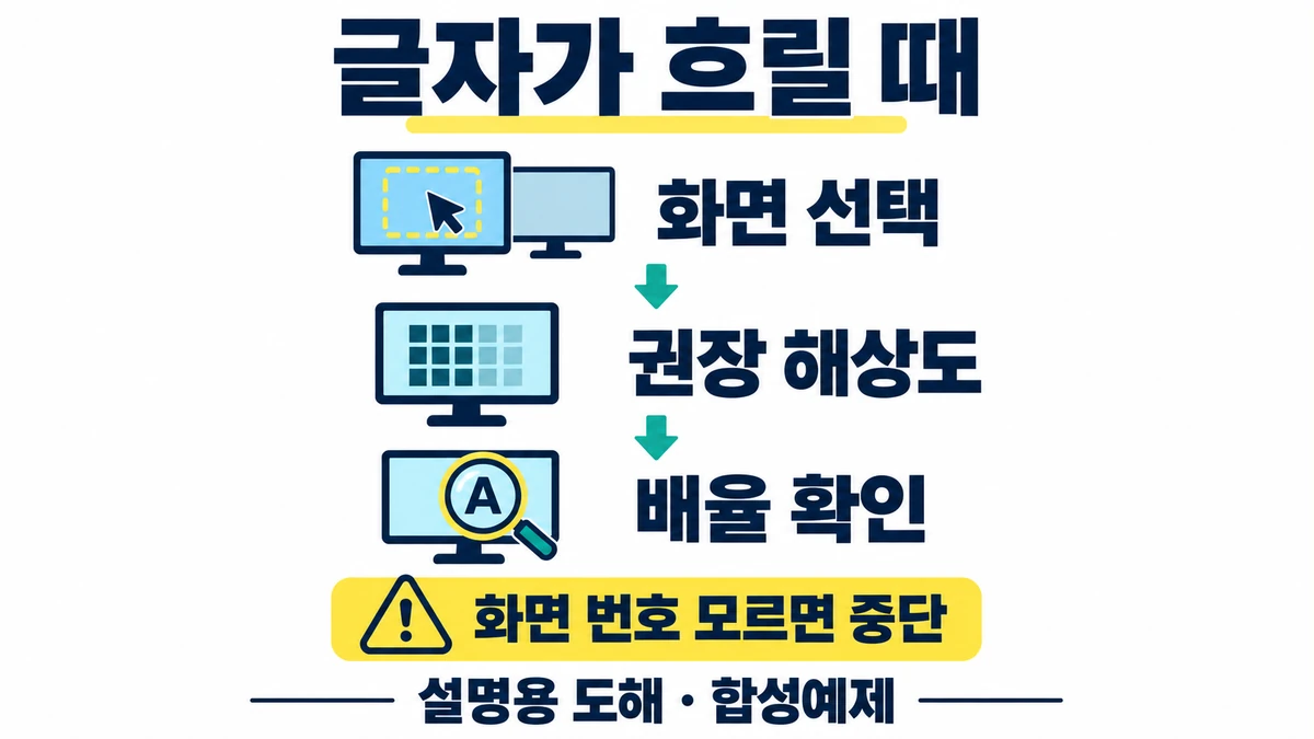 글자가 흐릴 때 대상 화면 번호와 권장 해상도와 배율을 확인하고 화면 번호를 모르면 변경을 중단하는 설명용 도해